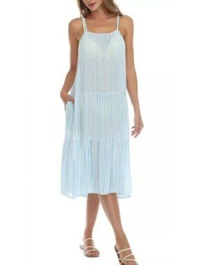 54$ Raviya Striped Tiered Knee Length Cover-Up Dress Size M Light Blue